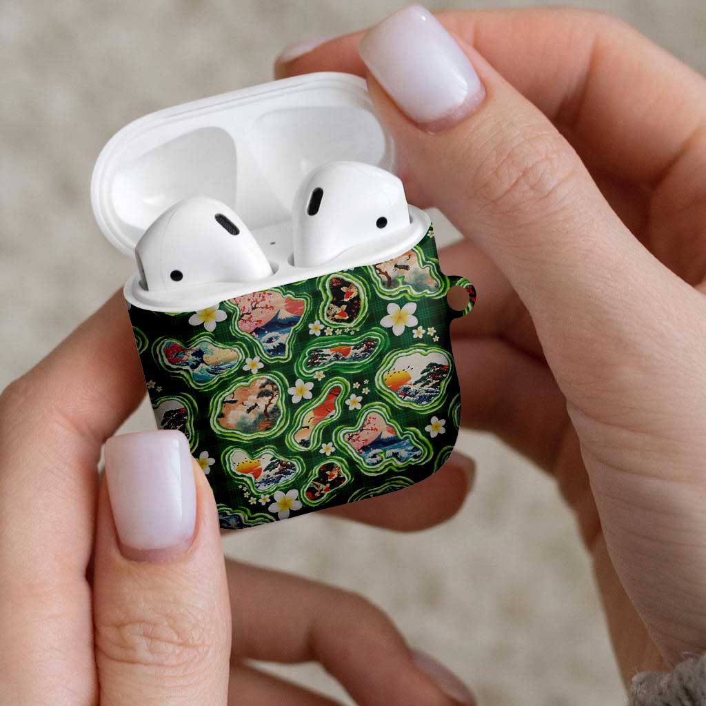 Hawaiian and Japanese Culture Together AirPods Case Hawaiian Island Shapes with Japanese Landscape Green Color LT03 - Polynesian Pride