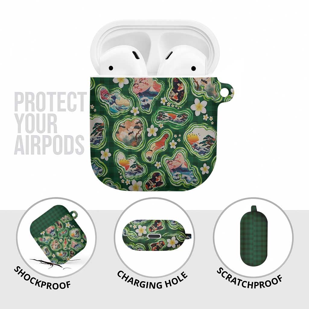 Hawaiian and Japanese Culture Together AirPods Case Hawaiian Island Shapes with Japanese Landscape Green Color LT03 - Polynesian Pride