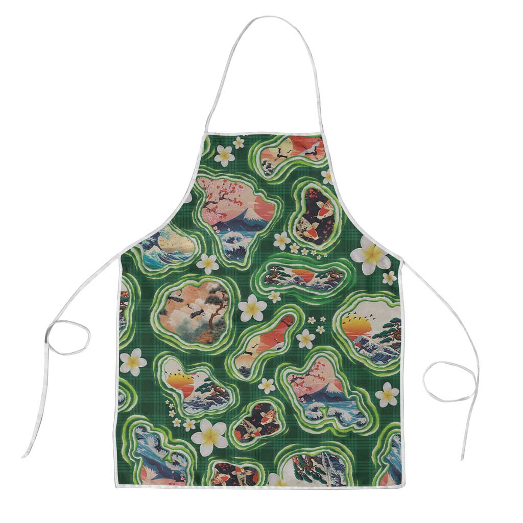 Hawaiian and Japanese Culture Together Apron Hawaiian Island Shapes with Japanese Landscape Green Color