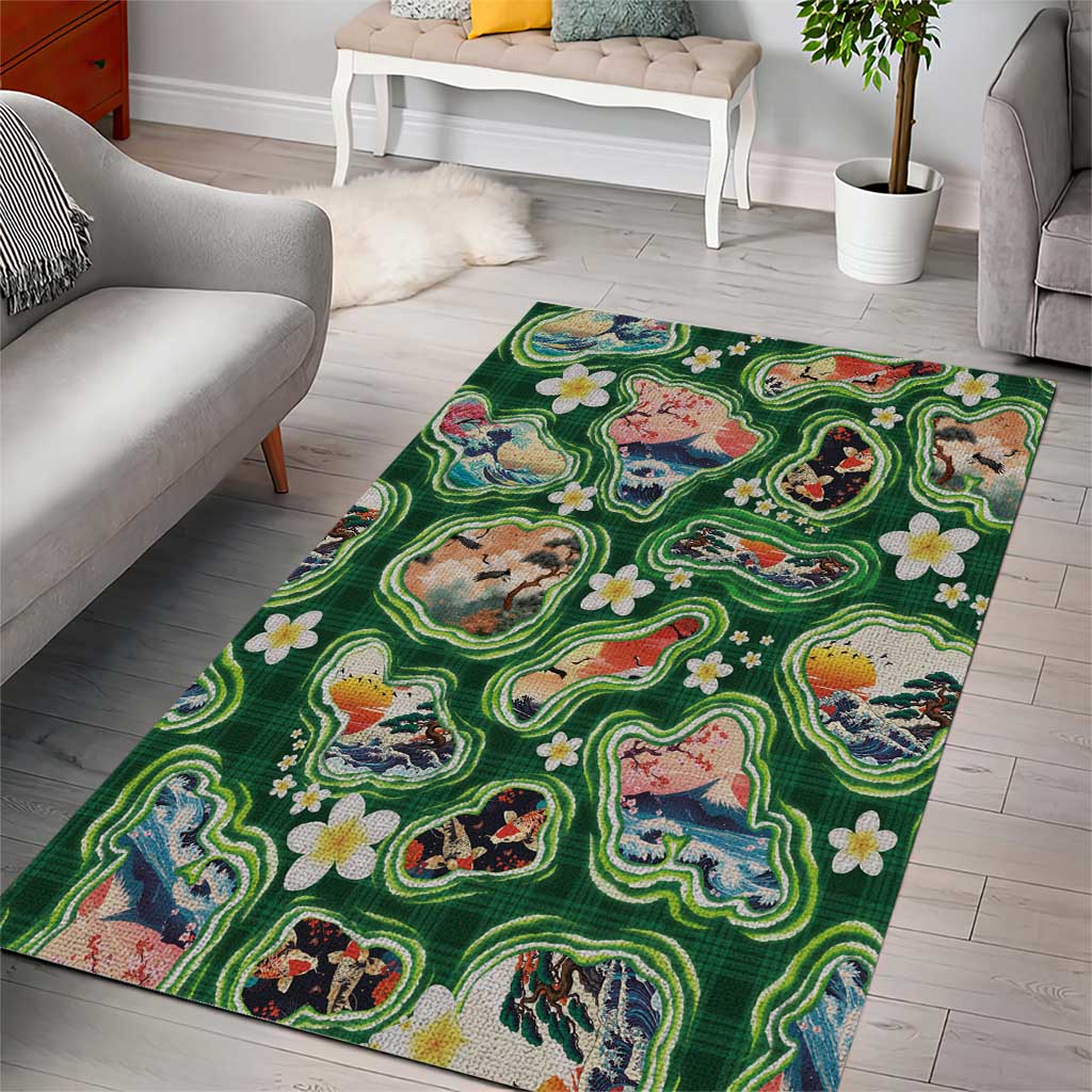 Hawaiian and Japanese Culture Together Area Rug Hawaiian Island Shapes with Japanese Landscape Green Color LT03 - Polynesian Pride