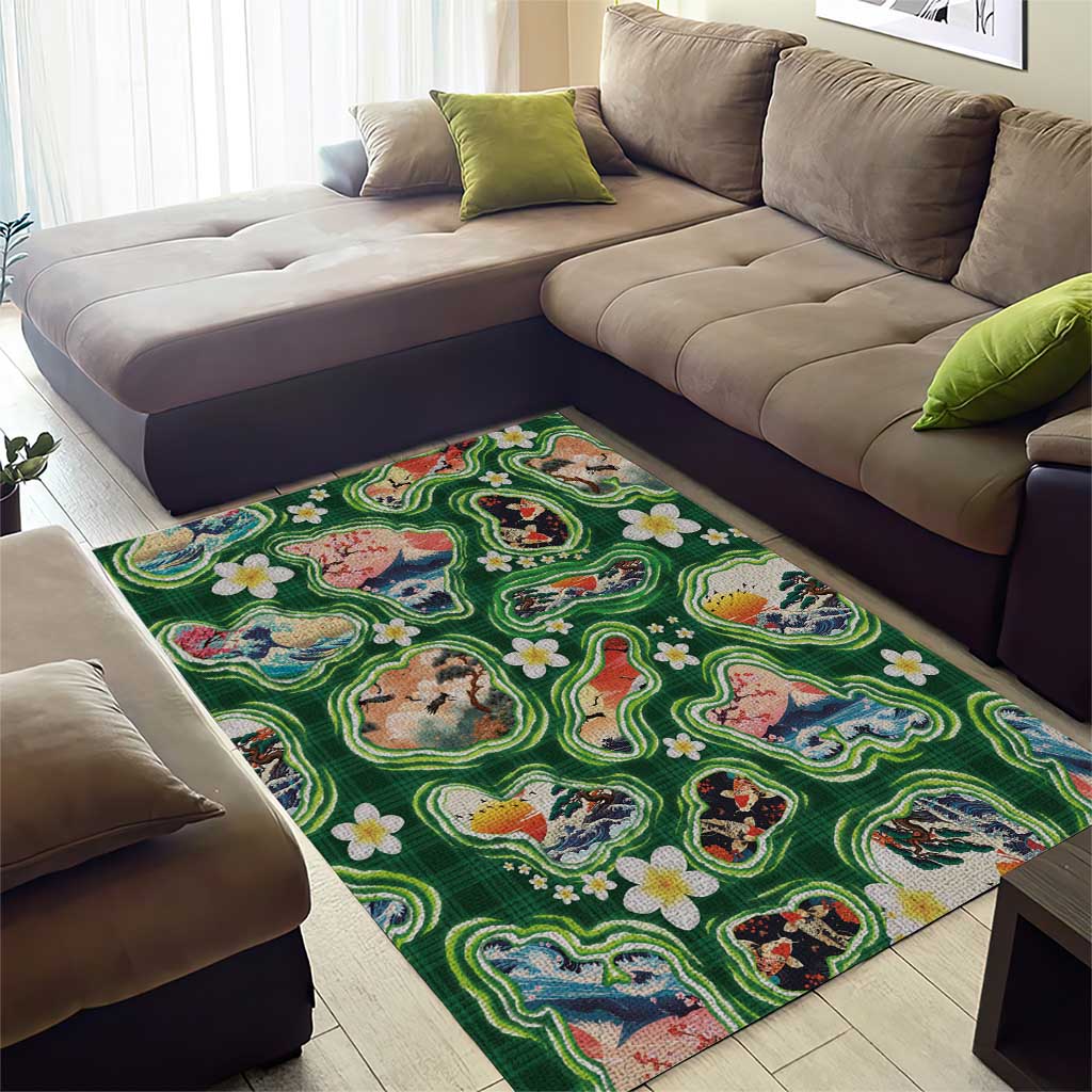 Hawaiian and Japanese Culture Together Area Rug Hawaiian Island Shapes with Japanese Landscape Green Color LT03 - Polynesian Pride