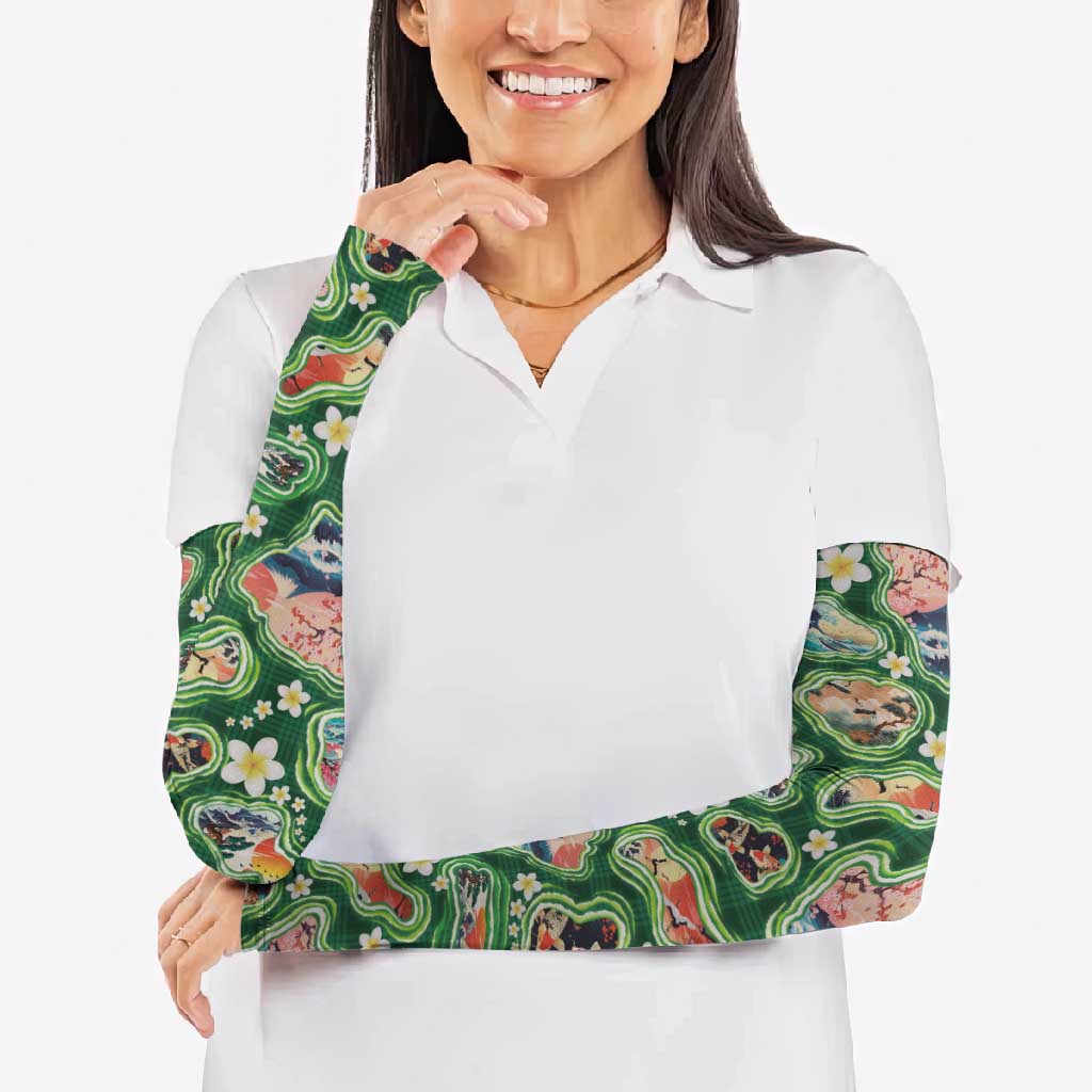 Hawaiian and Japanese Culture Together Arm Sleeves Hawaiian Island Shapes with Japanese Landscape Green Color LT03 - Polynesian Pride