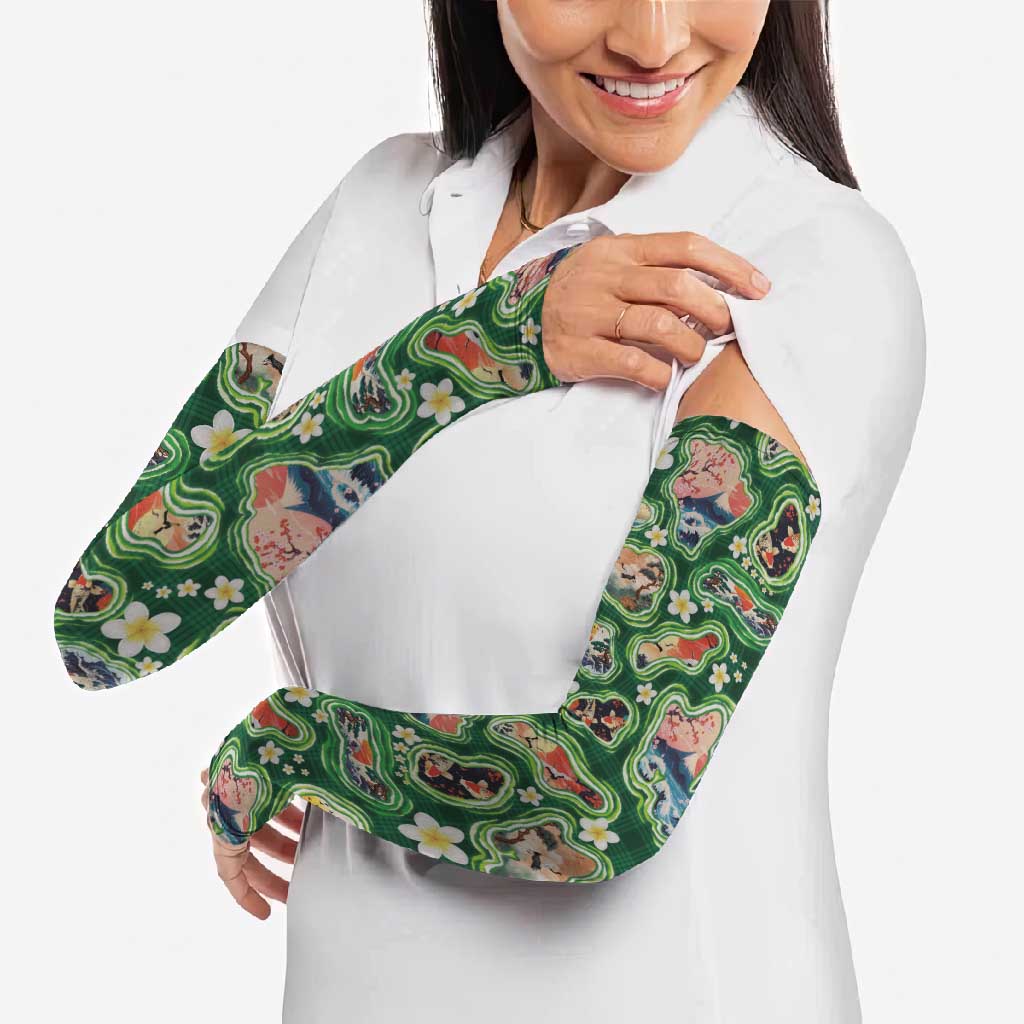 Hawaiian and Japanese Culture Together Arm Sleeves Hawaiian Island Shapes with Japanese Landscape Green Color LT03 - Polynesian Pride