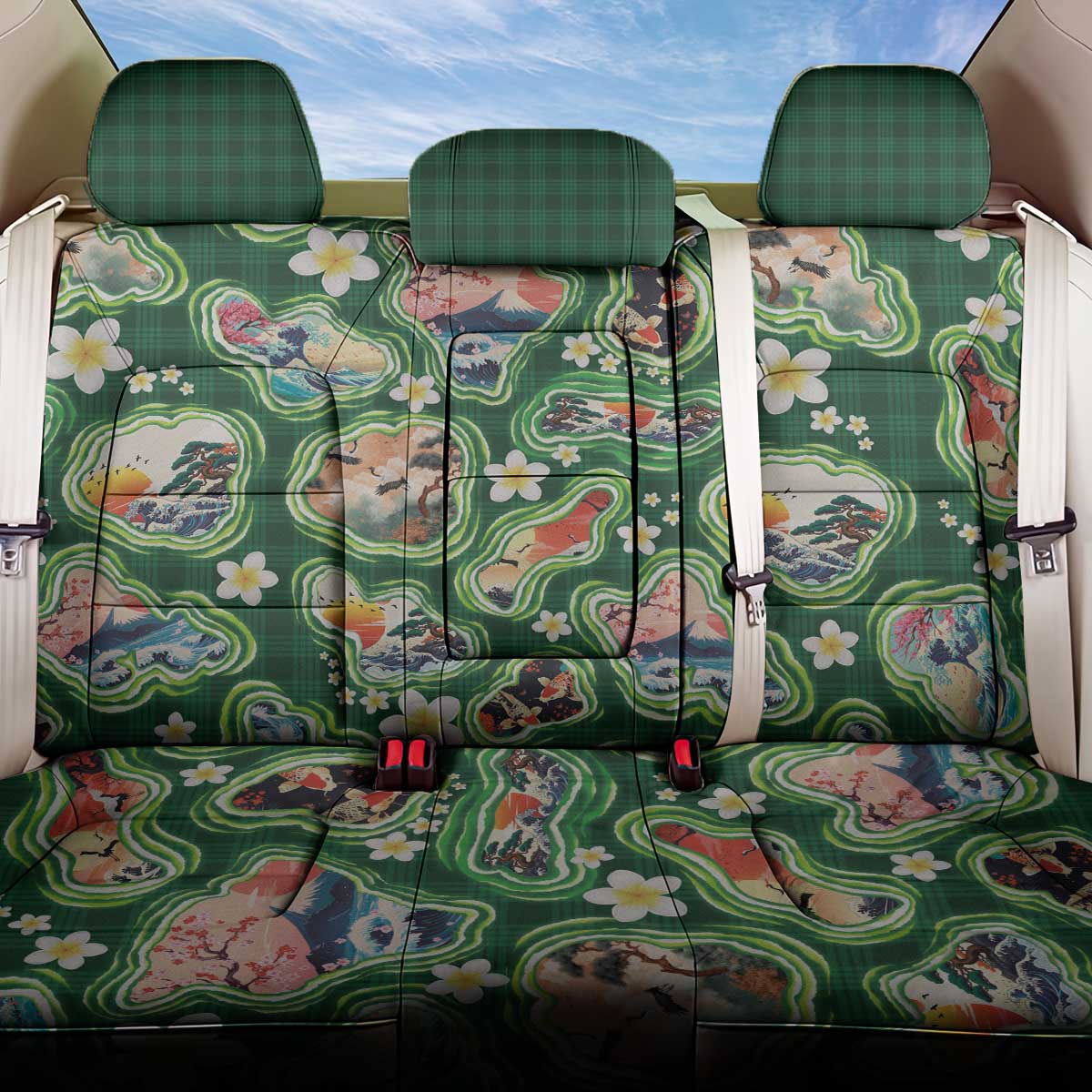 Hawaiian and Japanese Culture Together Back Car Seat Cover Hawaiian Island Shapes with Japanese Landscape Green Color LT03 One Size Green - Polynesian Pride