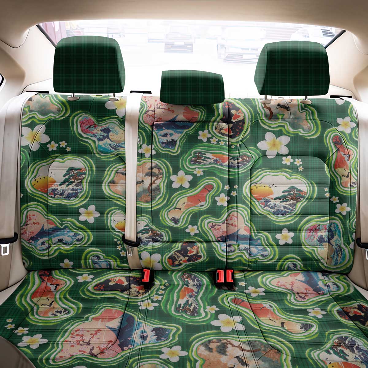 Hawaiian and Japanese Culture Together Back Car Seat Cover Hawaiian Island Shapes with Japanese Landscape Green Color LT03 - Polynesian Pride