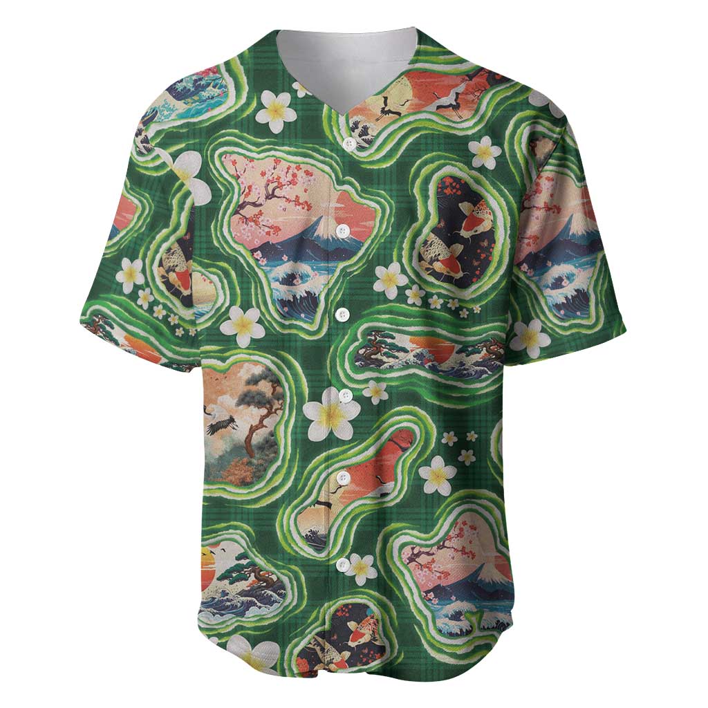 Hawaiian and Japanese Culture Together Baseball Jersey Hawaiian Island Shapes with Japanese Landscape Green Color LT03 Green - Polynesian Pride