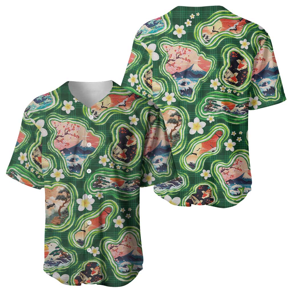 Hawaiian and Japanese Culture Together Baseball Jersey Hawaiian Island Shapes with Japanese Landscape Green Color LT03 - Polynesian Pride