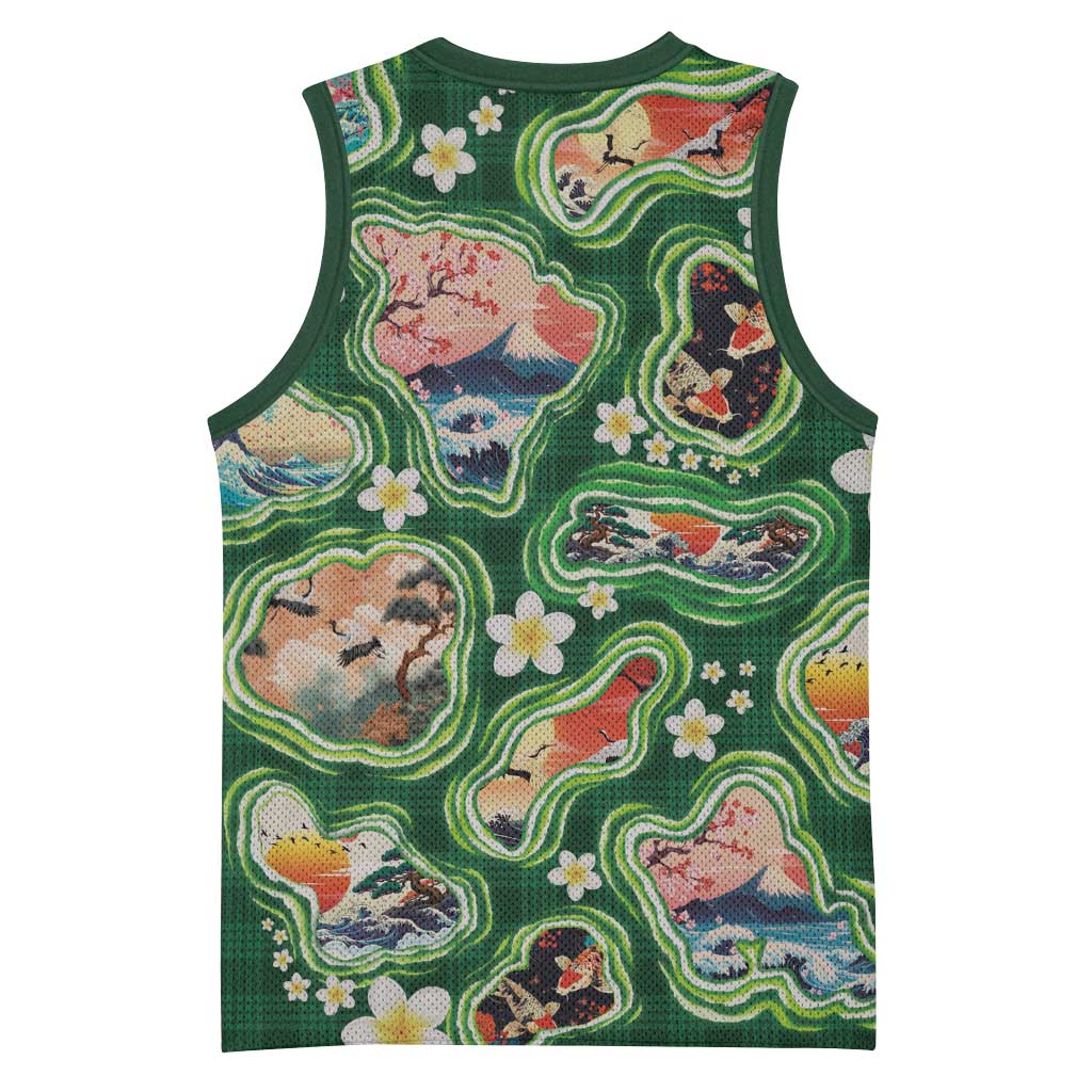 Hawaiian and Japanese Culture Together Basketball Jersey Hawaiian Island Shapes with Japanese Landscape Green Color LT03 - Polynesian Pride