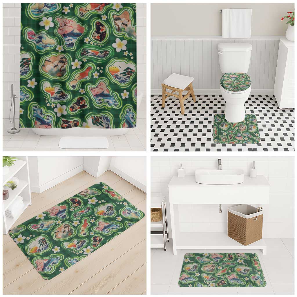 Hawaiian and Japanese Culture Together Bathroom Set Hawaiian Island Shapes with Japanese Landscape Green Color LT03 - Polynesian Pride
