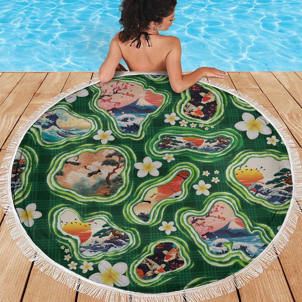 Hawaiian and Japanese Culture Together Beach Blanket Hawaiian Island Shapes with Japanese Landscape Green Color LT03 - Polynesian Pride