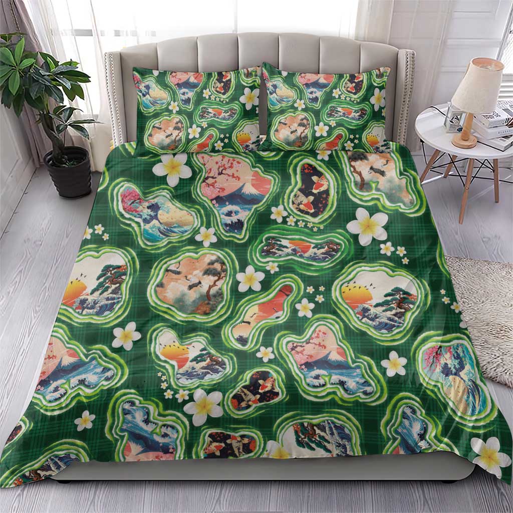 Hawaiian and Japanese Culture Together Bedding Set Hawaiian Island Shapes with Japanese Landscape Green Color LT03 - Polynesian Pride