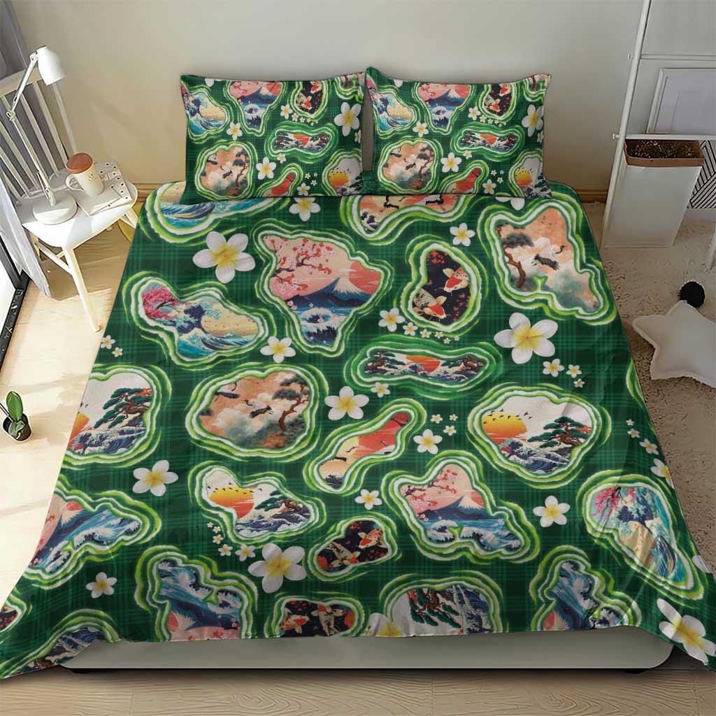 Hawaiian and Japanese Culture Together Bedding Set Hawaiian Island Shapes with Japanese Landscape Green Color LT03 - Polynesian Pride