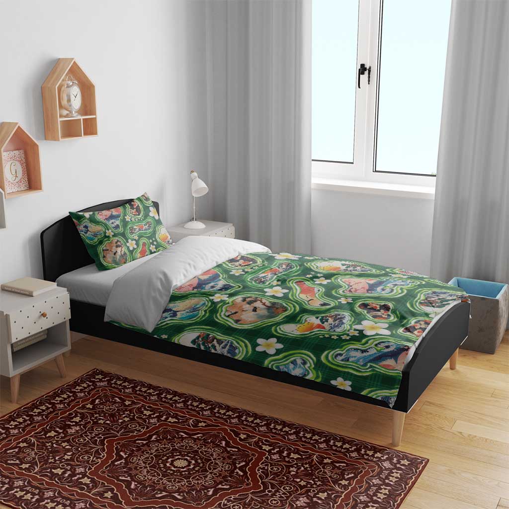 Hawaiian and Japanese Culture Together Bedding Set Hawaiian Island Shapes with Japanese Landscape Green Color LT03 - Polynesian Pride