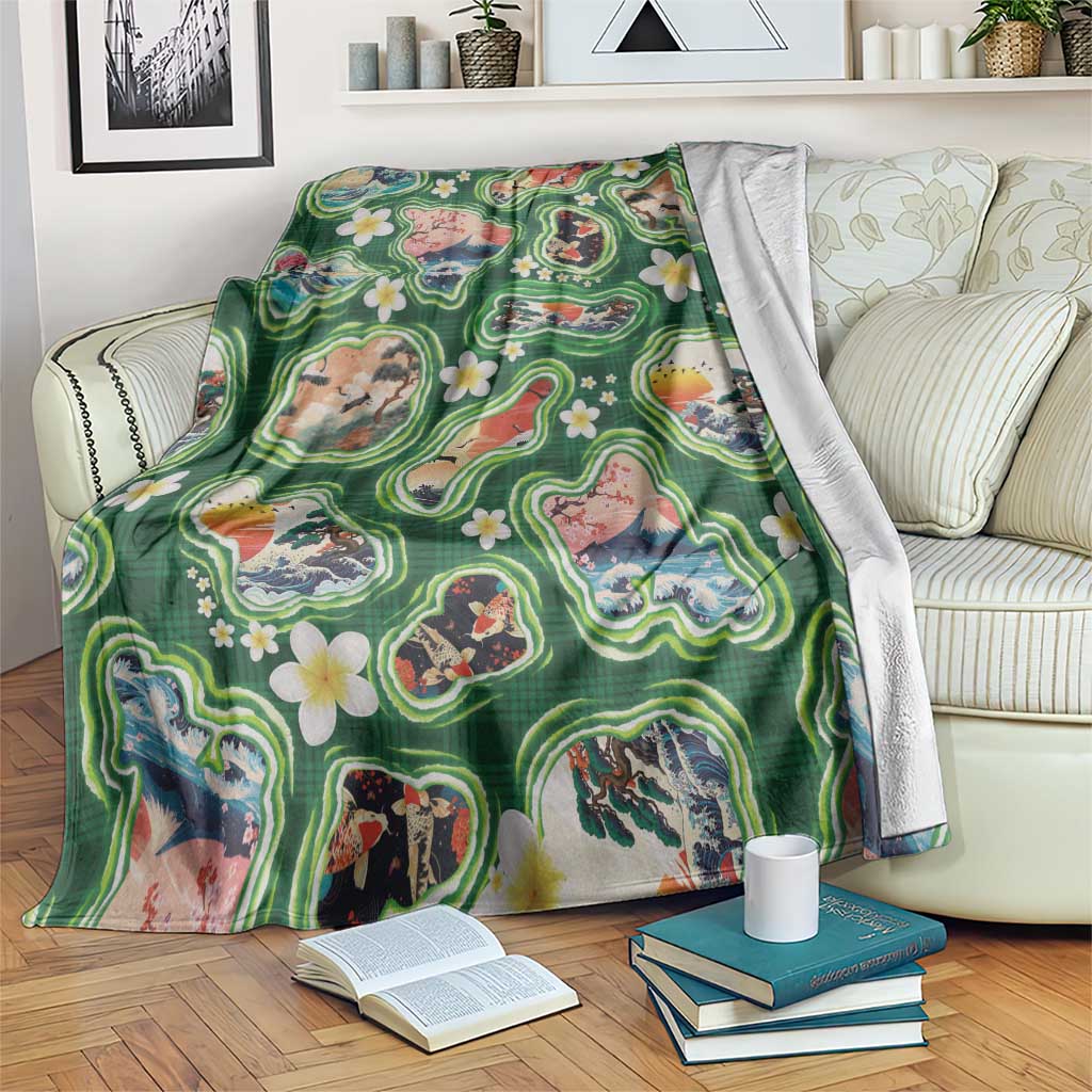 Hawaiian and Japanese Culture Together Blanket Hawaiian Island Shapes with Japanese Landscape Green Color