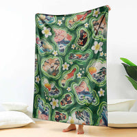 Hawaiian and Japanese Culture Together Blanket Hawaiian Island Shapes with Japanese Landscape Green Color LT03 - Polynesian Pride