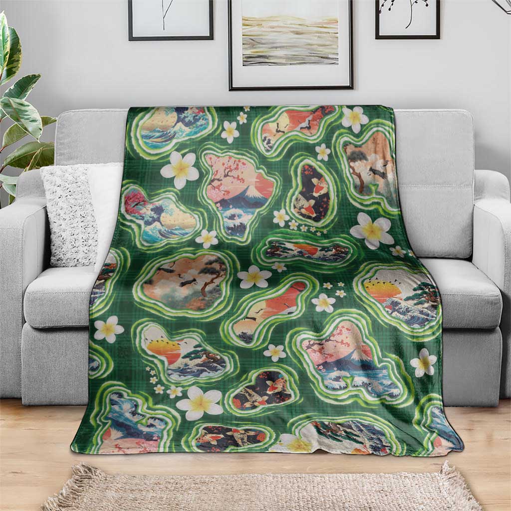 Hawaiian and Japanese Culture Together Blanket Hawaiian Island Shapes with Japanese Landscape Green Color LT03 - Polynesian Pride