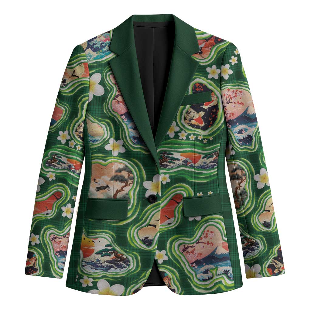 Hawaiian and Japanese Culture Together Blazer Hawaiian Island Shapes with Japanese Landscape Green Color LT03 Unisex Green - Polynesian Pride
