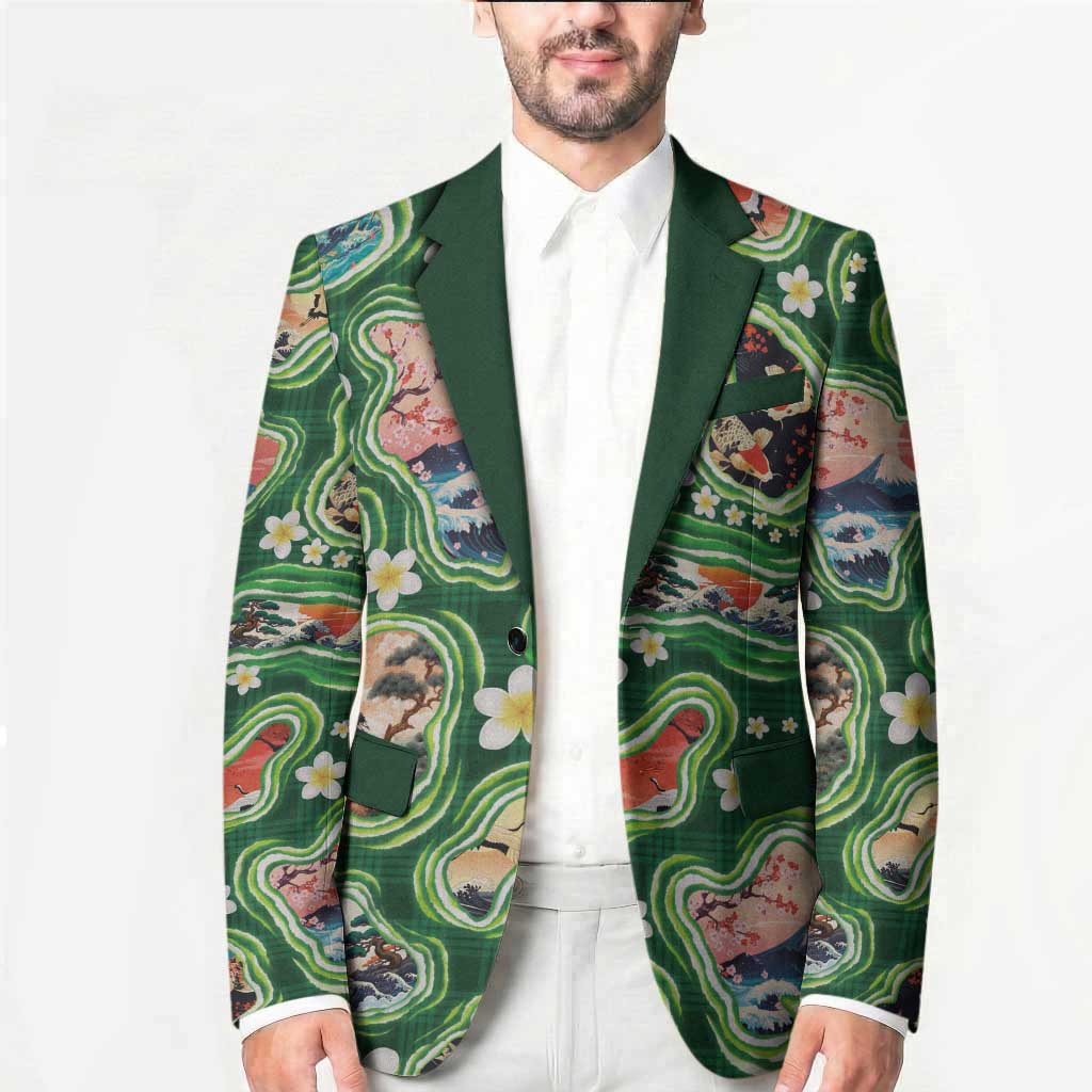Hawaiian and Japanese Culture Together Blazer Hawaiian Island Shapes with Japanese Landscape Green Color LT03 - Polynesian Pride