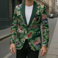 Hawaiian and Japanese Culture Together Blazer Hawaiian Island Shapes with Japanese Landscape Green Color LT03 - Polynesian Pride