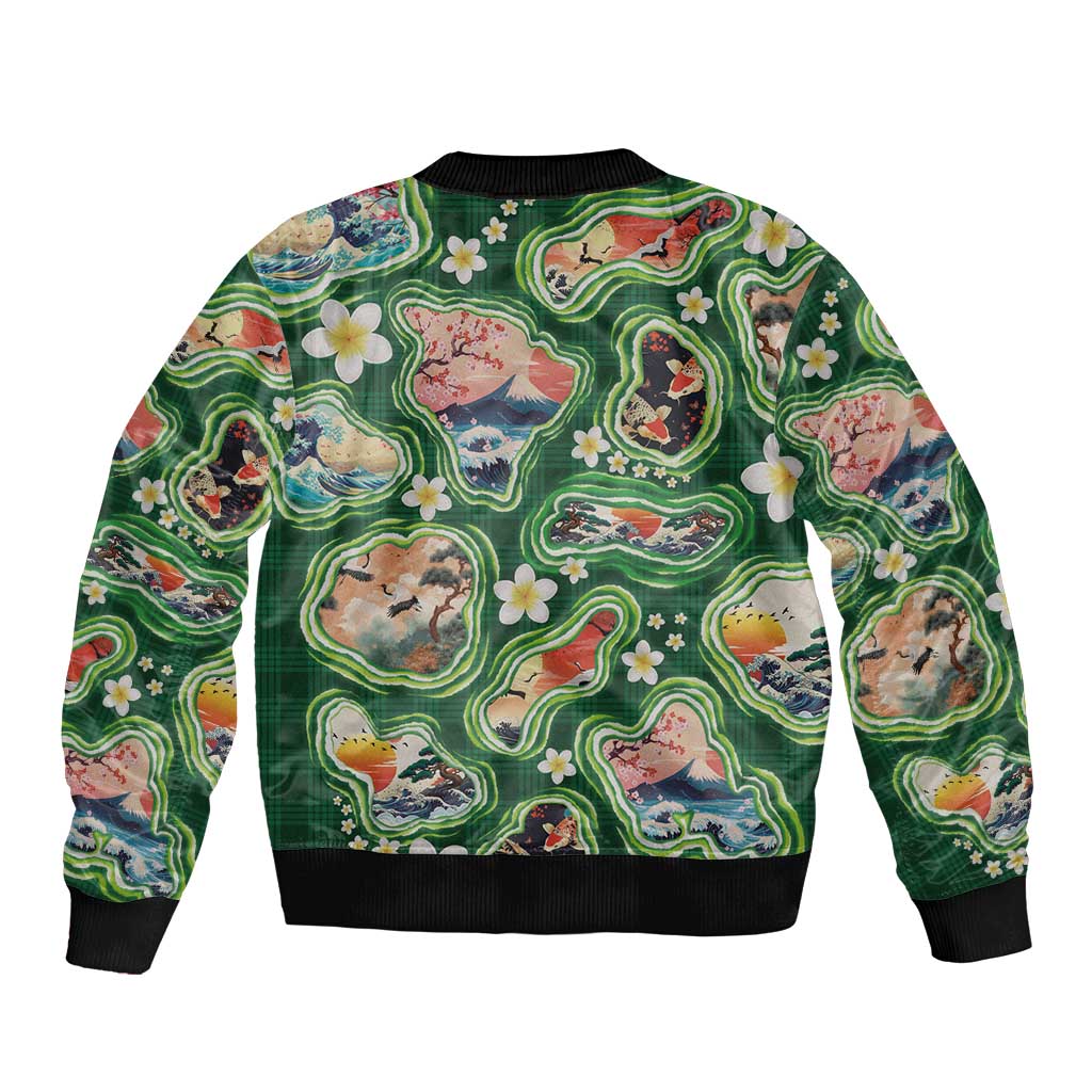 Hawaiian and Japanese Culture Together Bomber Jacket Hawaiian Island Shapes with Japanese Landscape Green Color LT03 - Polynesian Pride