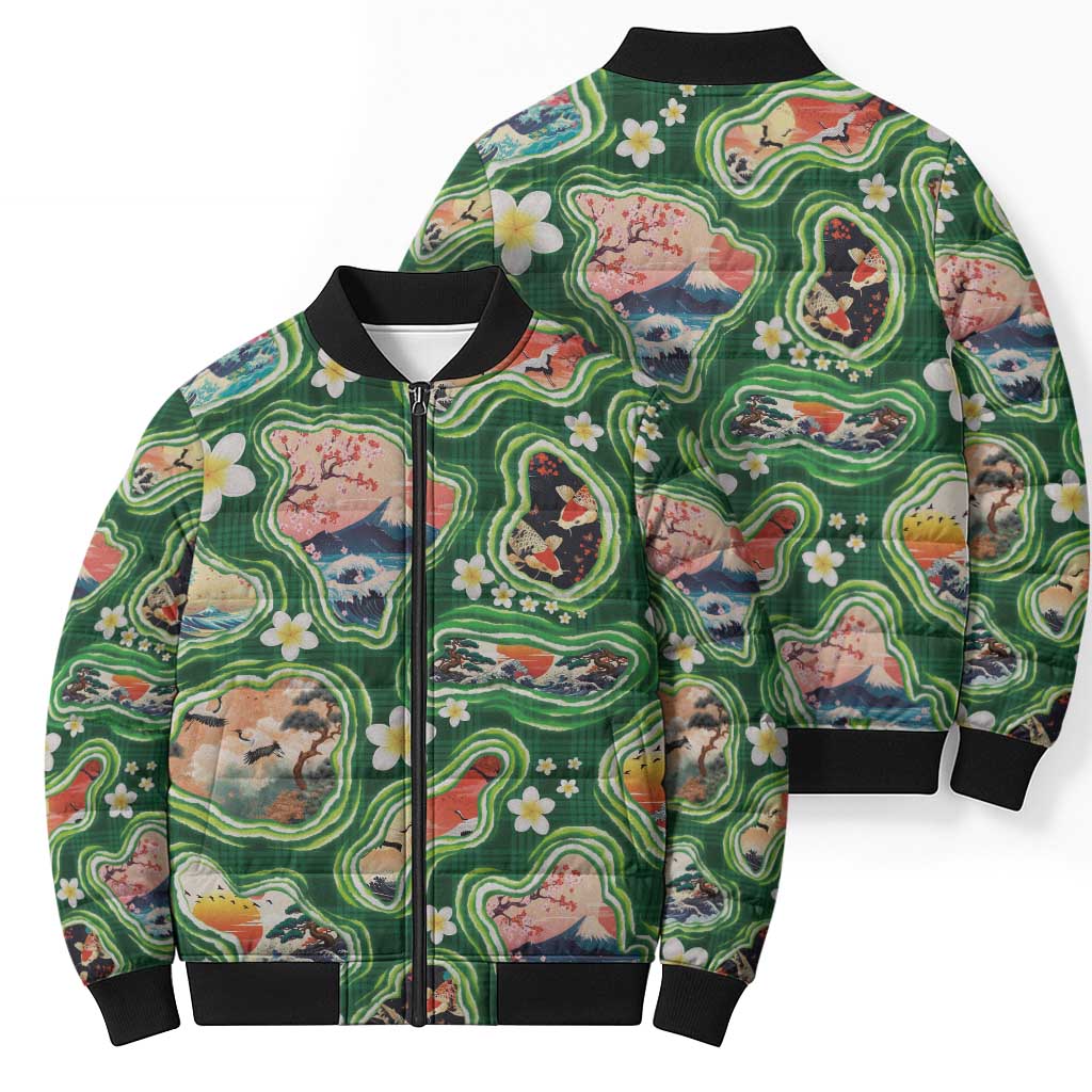 Hawaiian and Japanese Culture Together Bomber Puffer Jacket Hawaiian Island Shapes with Japanese Landscape Green Color LT03 - Polynesian Pride
