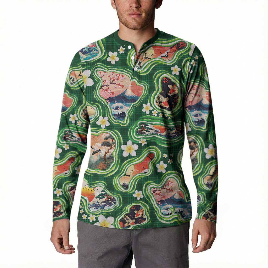 Hawaiian and Japanese Culture Together Button Sweatshirt Hawaiian Island Shapes with Japanese Landscape Green Color LT03 - Polynesian Pride