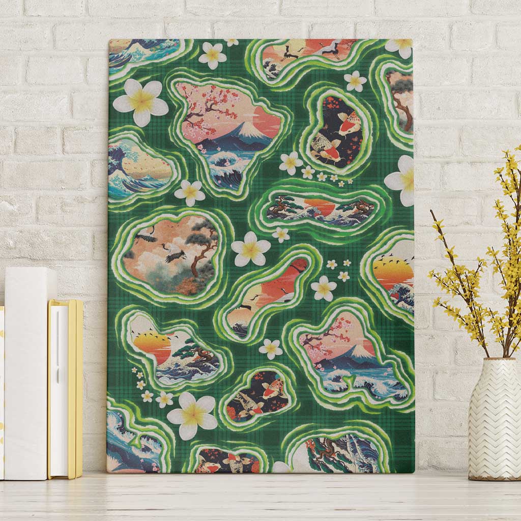 Hawaiian and Japanese Culture Together Canvas Wall Art Hawaiian Island Shapes with Japanese Landscape Green Color LT03 Without Frame Green - Polynesian Pride