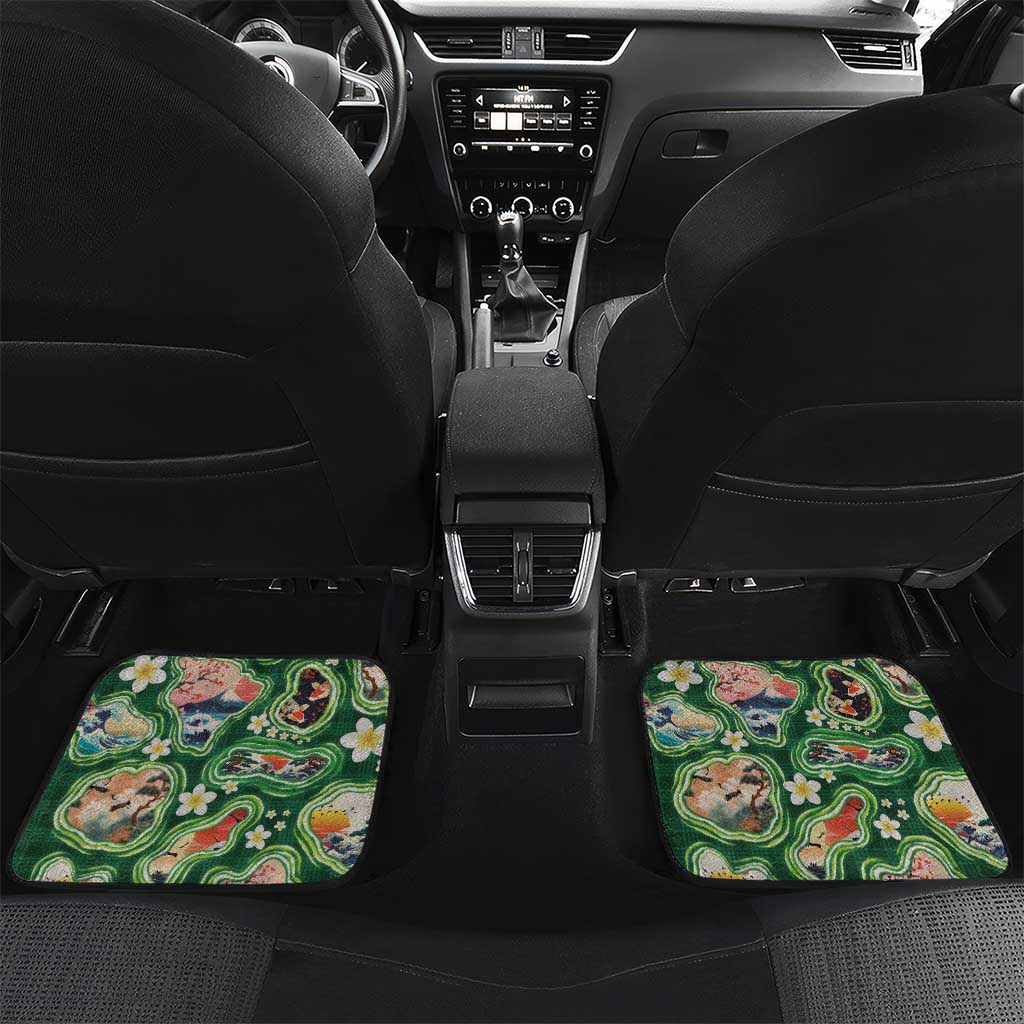 Hawaiian and Japanese Culture Together Car Mats Hawaiian Island Shapes with Japanese Landscape Green Color LT03 Set 2pcs - Back Green - Polynesian Pride