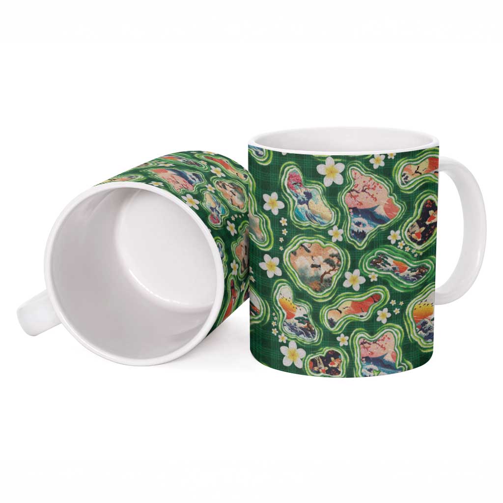 Hawaiian and Japanese Culture Together Ceramic Mug Hawaiian Island Shapes with Japanese Landscape Green Color LT03 - Polynesian Pride