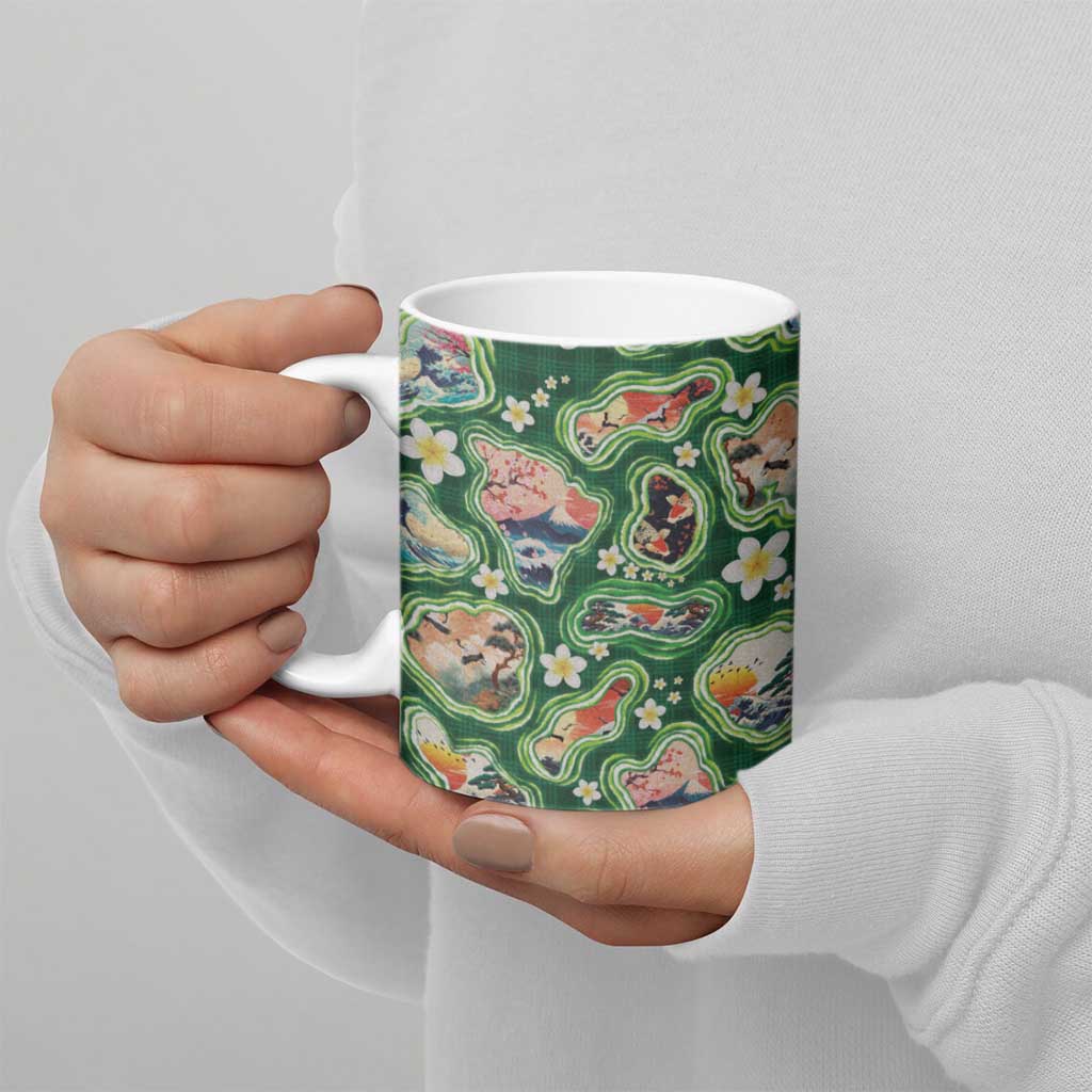 Hawaiian and Japanese Culture Together Ceramic Mug Hawaiian Island Shapes with Japanese Landscape Green Color LT03 - Polynesian Pride