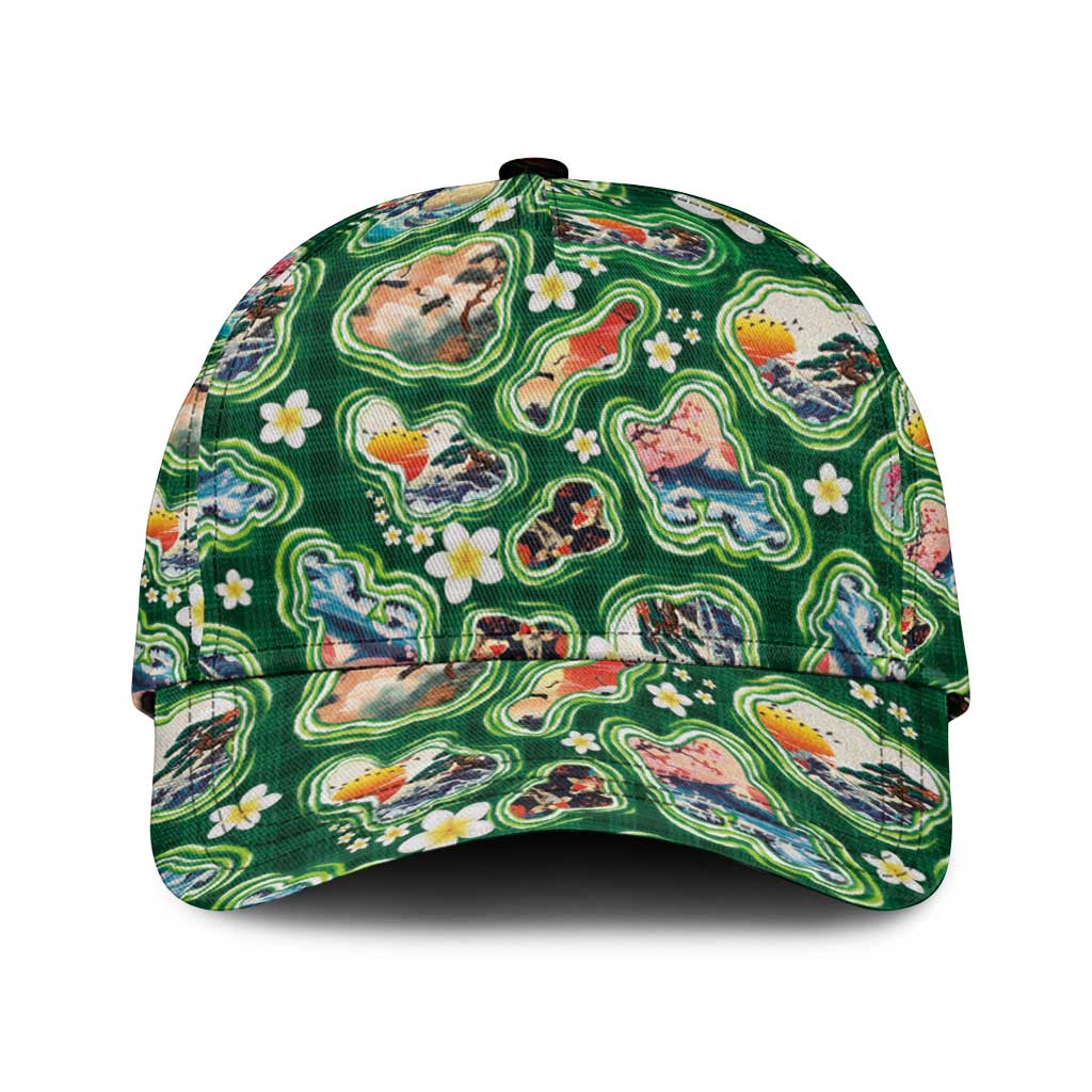 Hawaiian and Japanese Culture Together Classic Cap Hawaiian Island Shapes with Japanese Landscape Green Color