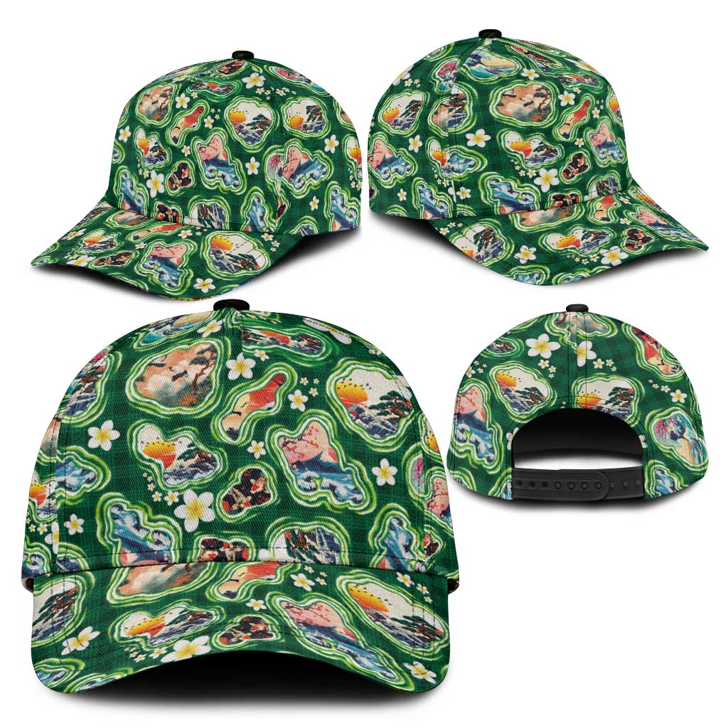Hawaiian and Japanese Culture Together Classic Cap Hawaiian Island Shapes with Japanese Landscape Green Color LT03 - Polynesian Pride