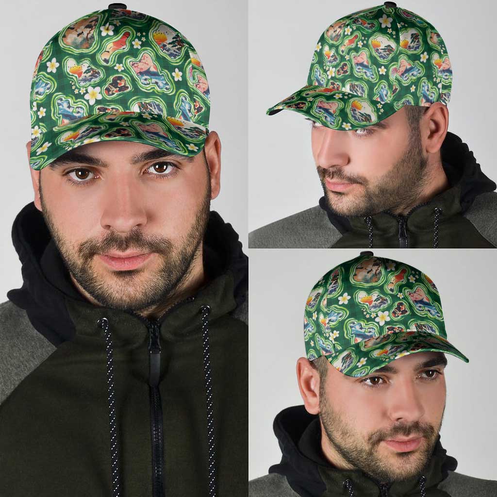 Hawaiian and Japanese Culture Together Classic Cap Hawaiian Island Shapes with Japanese Landscape Green Color LT03 - Polynesian Pride