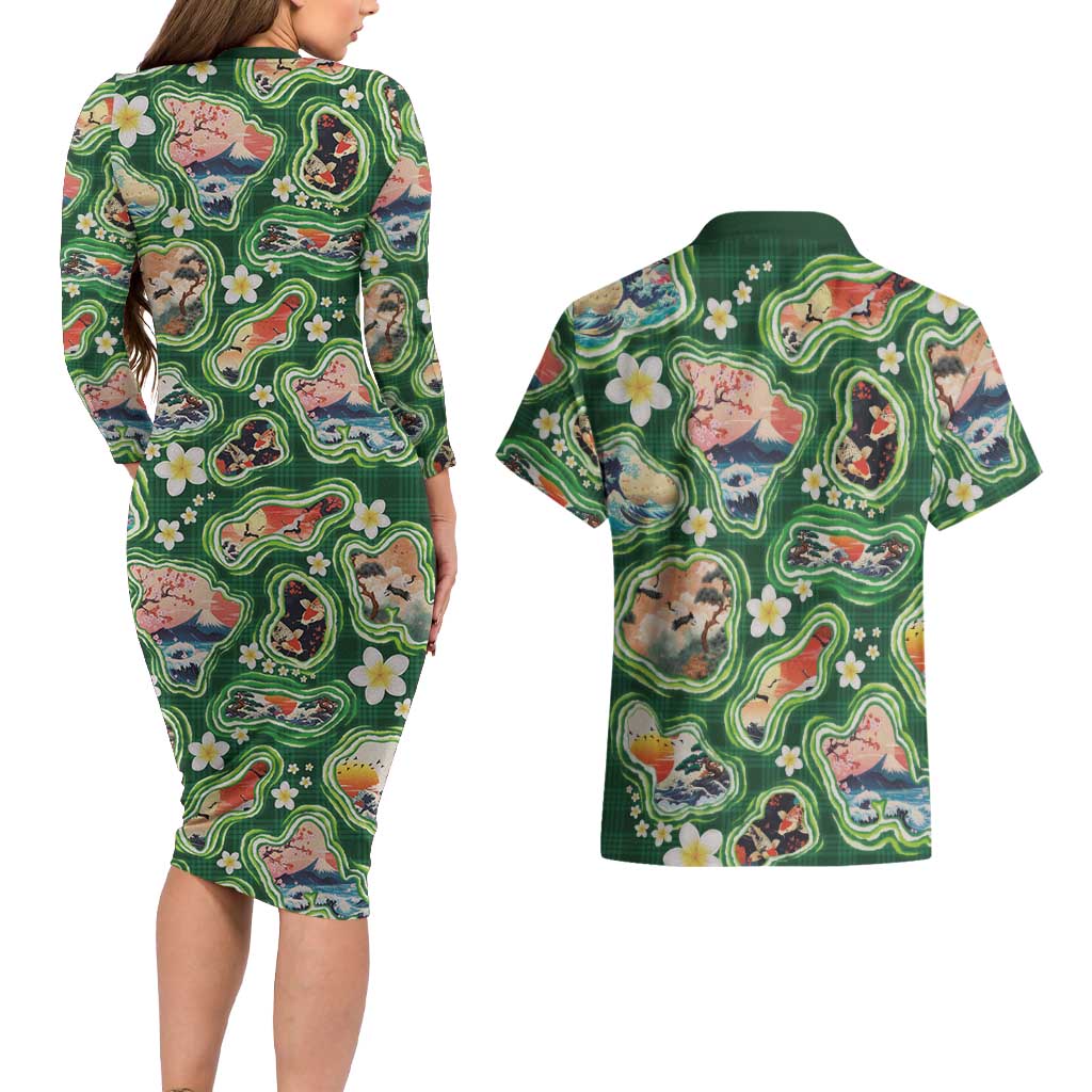 Hawaiian and Japanese Culture Together Couples Matching Long Sleeve Bodycon Dress and Hawaiian Shirt Hawaiian Island Shapes with Japanese Landscape Green Color LT03 - Polynesian Pride