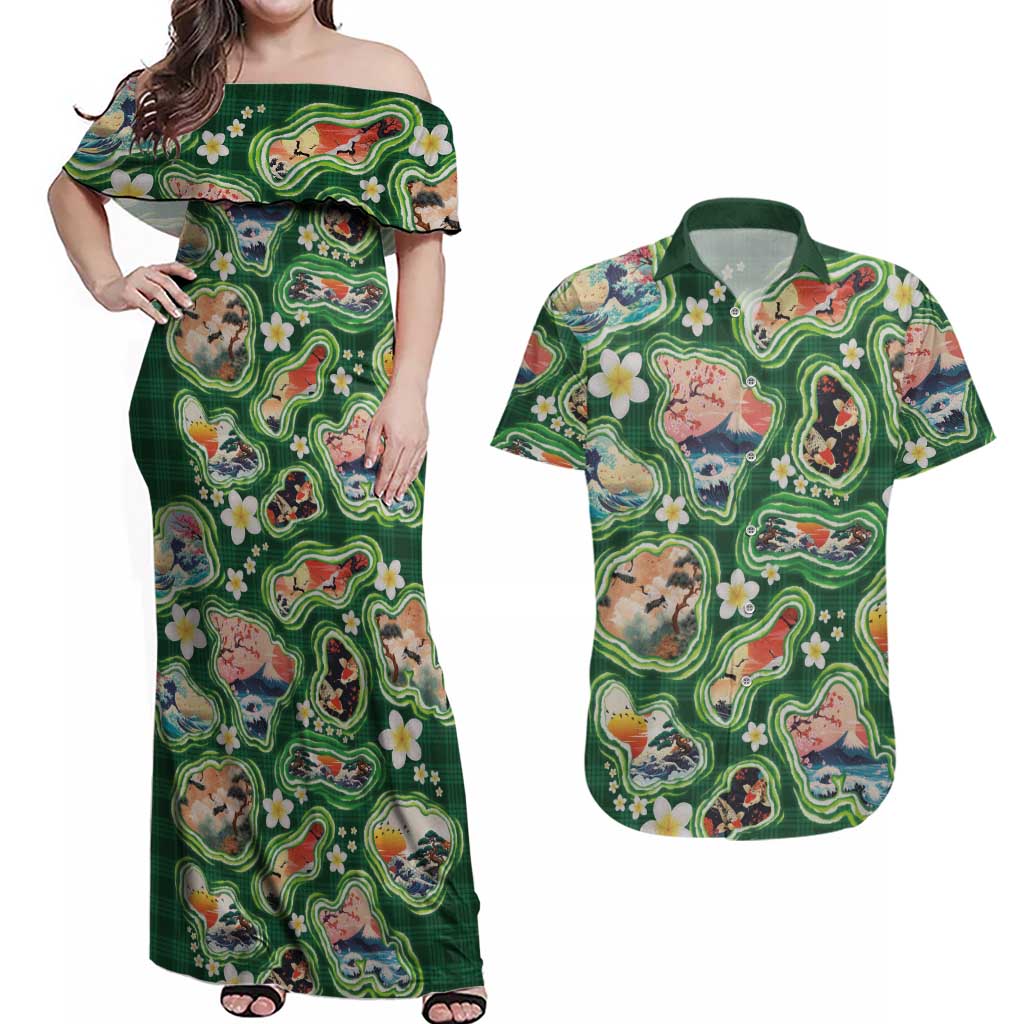 Hawaiian and Japanese Culture Together Couples Matching Off Shoulder Maxi Dress and Hawaiian Shirt Hawaiian Island Shapes with Japanese Landscape Green Color