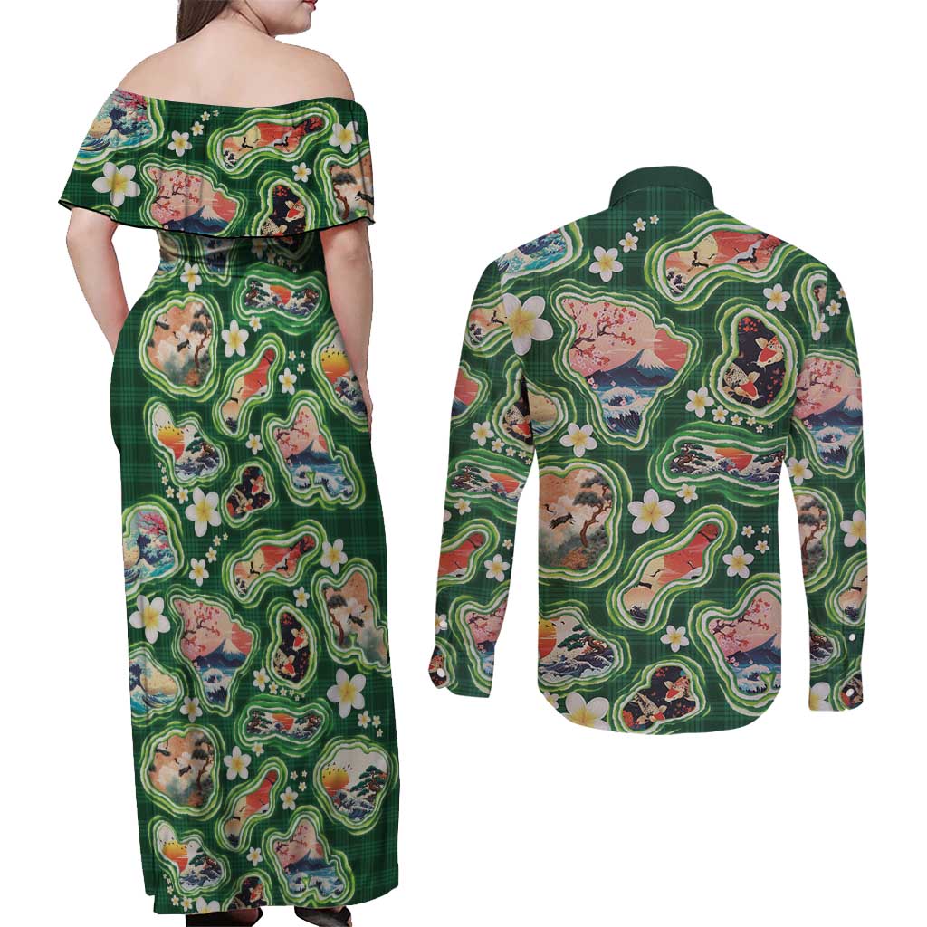 Hawaiian and Japanese Culture Together Couples Matching Off Shoulder Maxi Dress and Long Sleeve Button Shirt Hawaiian Island Shapes with Japanese Landscape Green Color LT03 - Polynesian Pride