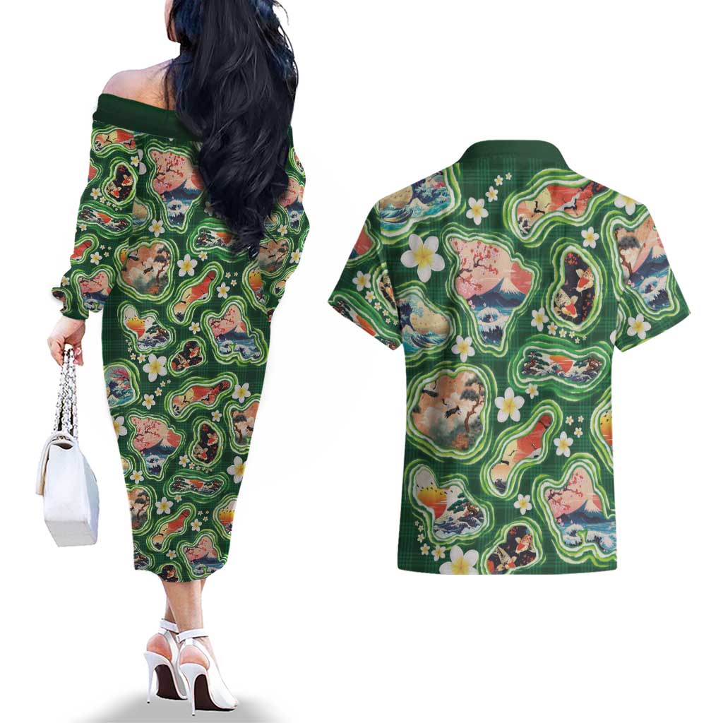 Hawaiian and Japanese Culture Together Couples Matching Off The Shoulder Long Sleeve Dress and Hawaiian Shirt Hawaiian Island Shapes with Japanese Landscape Green Color LT03 - Polynesian Pride