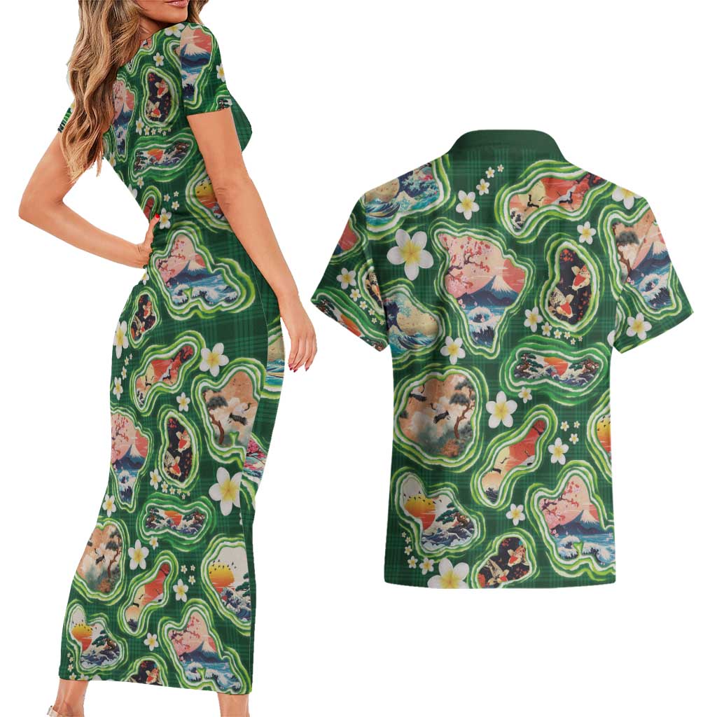 Hawaiian and Japanese Culture Together Couples Matching Short Sleeve Bodycon Dress and Hawaiian Shirt Hawaiian Island Shapes with Japanese Landscape Green Color LT03 - Polynesian Pride
