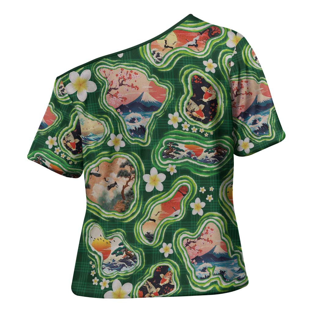 Hawaiian and Japanese Culture Together Cross Shoulder Shirt Hawaiian Island Shapes with Japanese Landscape Green Color LT03 - Polynesian Pride