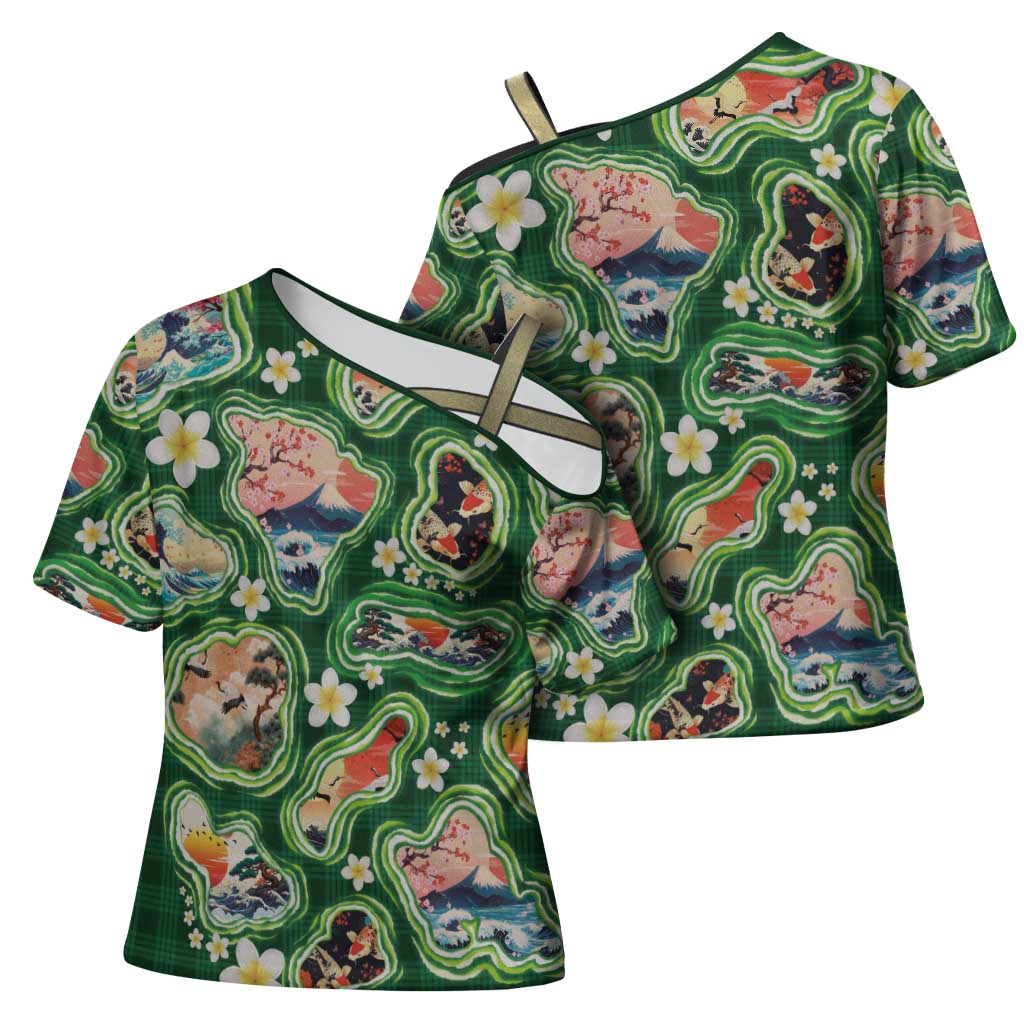 Hawaiian and Japanese Culture Together Cross Shoulder Shirt Hawaiian Island Shapes with Japanese Landscape Green Color LT03 - Polynesian Pride