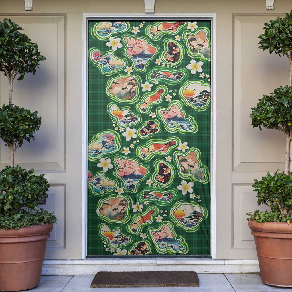 Hawaiian and Japanese Culture Together Door Cover Hawaiian Island Shapes with Japanese Landscape Green Color