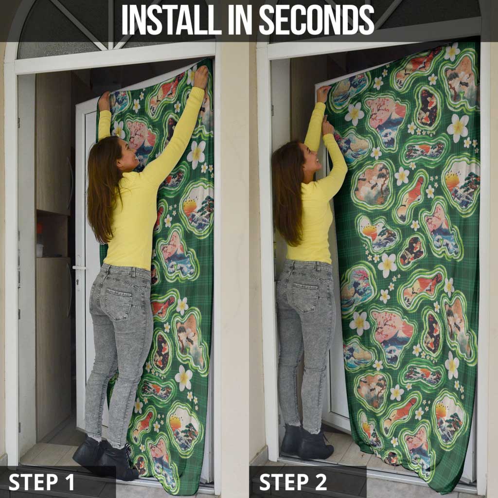 Hawaiian and Japanese Culture Together Door Cover Hawaiian Island Shapes with Japanese Landscape Green Color LT03 - Polynesian Pride