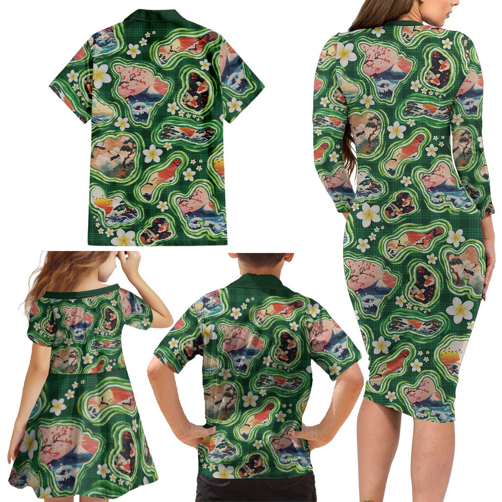 Hawaiian and Japanese Culture Together Family Matching Long Sleeve Bodycon Dress and Hawaiian Shirt Hawaiian Island Shapes with Japanese Landscape Green Color LT03 - Polynesian Pride