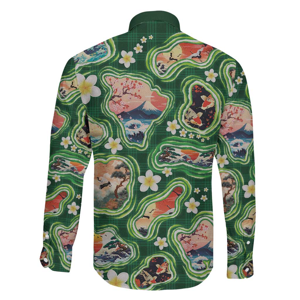 Hawaiian and Japanese Culture Together Family Matching Long Sleeve Bodycon Dress and Hawaiian Shirt Hawaiian Island Shapes with Japanese Landscape Green Color LT03 - Polynesian Pride