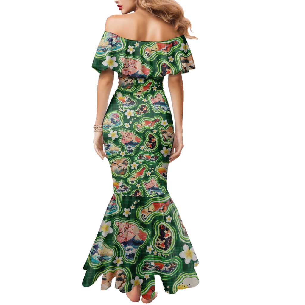 Hawaiian and Japanese Culture Together Family Matching Mermaid Dress and Hawaiian Shirt Hawaiian Island Shapes with Japanese Landscape Green Color LT03 - Polynesian Pride