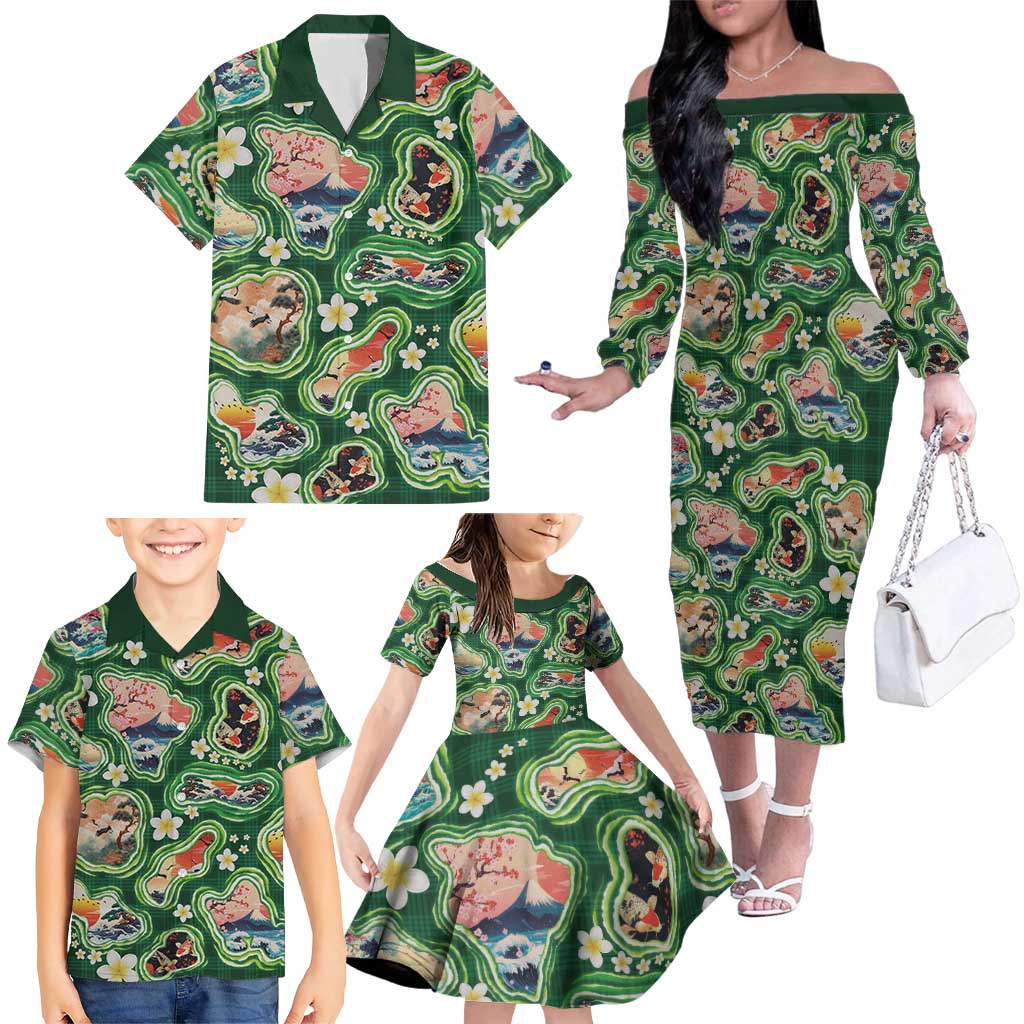 Hawaiian and Japanese Culture Together Family Matching Off The Shoulder Long Sleeve Dress and Hawaiian Shirt Hawaiian Island Shapes with Japanese Landscape Green Color LT03 - Polynesian Pride