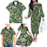 Hawaiian and Japanese Culture Together Family Matching Off The Shoulder Long Sleeve Dress and Hawaiian Shirt Hawaiian Island Shapes with Japanese Landscape Green Color LT03 - Polynesian Pride