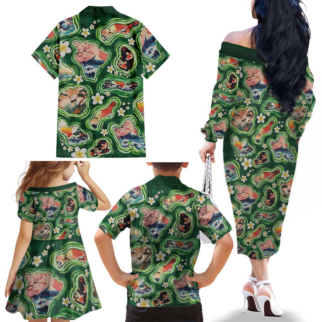 Hawaiian and Japanese Culture Together Family Matching Off The Shoulder Long Sleeve Dress and Hawaiian Shirt Hawaiian Island Shapes with Japanese Landscape Green Color LT03 - Polynesian Pride