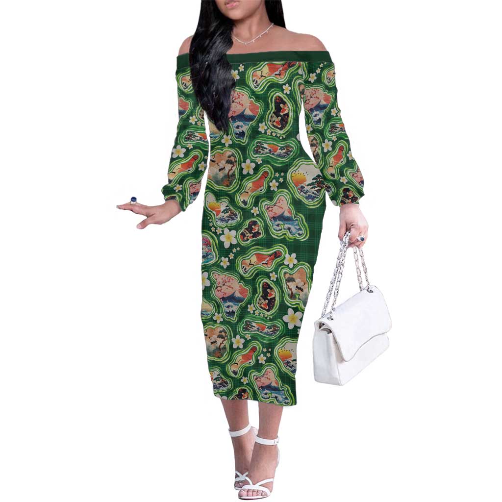 Hawaiian and Japanese Culture Together Family Matching Off The Shoulder Long Sleeve Dress and Hawaiian Shirt Hawaiian Island Shapes with Japanese Landscape Green Color LT03 Mom's Dress Green - Polynesian Pride