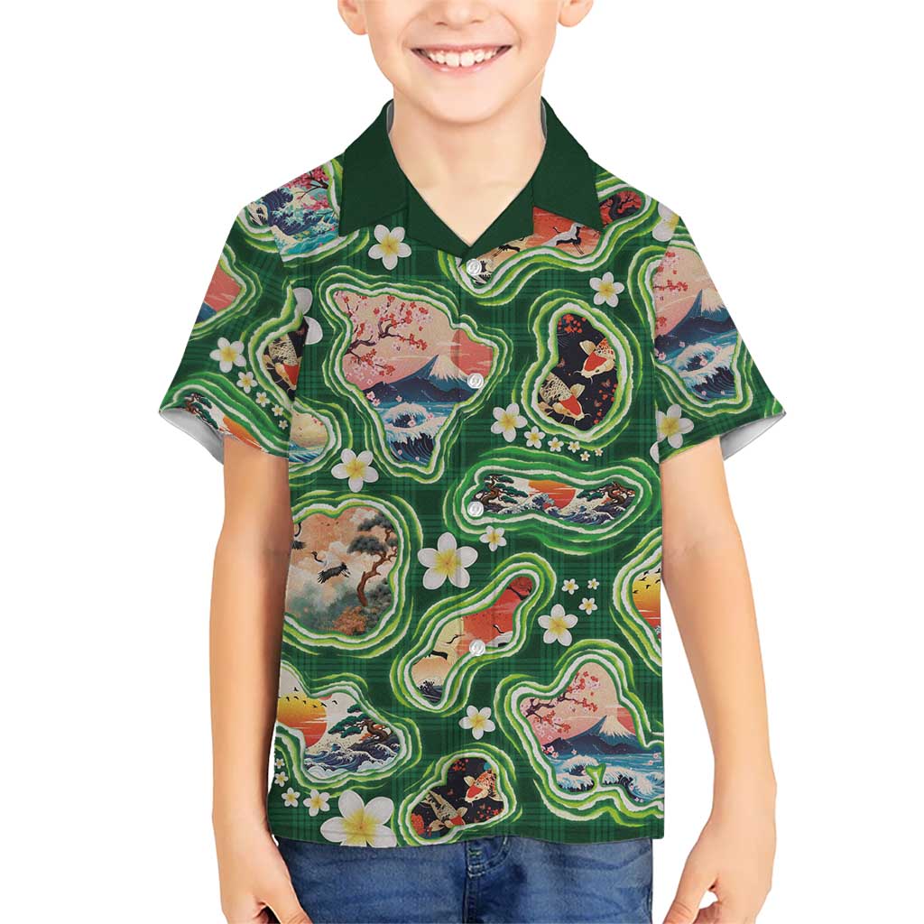 Hawaiian and Japanese Culture Together Family Matching Off The Shoulder Long Sleeve Dress and Hawaiian Shirt Hawaiian Island Shapes with Japanese Landscape Green Color LT03 Son's Shirt Green - Polynesian Pride